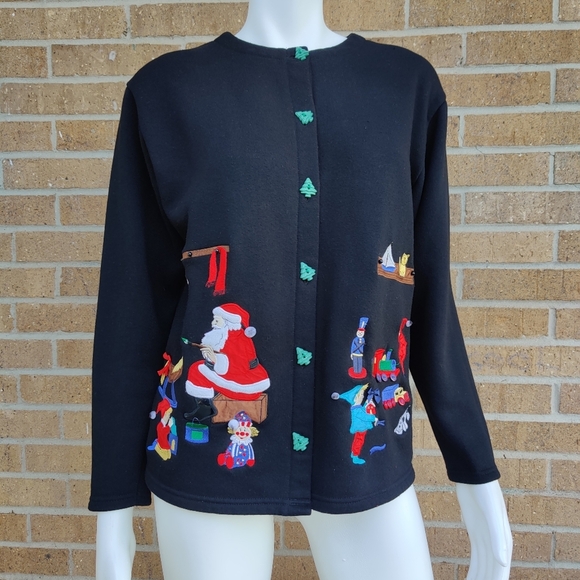 Karen Scott Woman's Christmas  Sweater w/ Santa, Elves & Tree Buttons - Picture 1 of 7